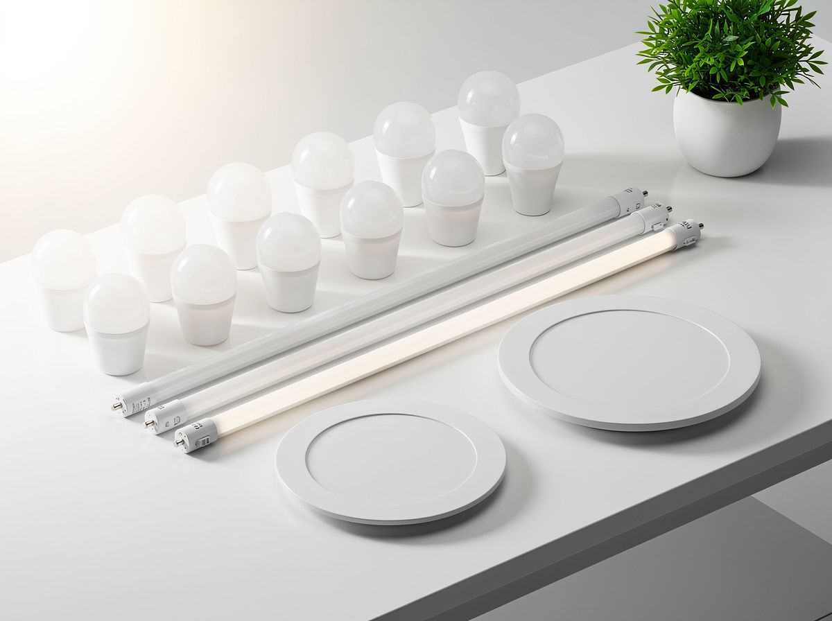 مصابيح LED وأنابيب إنارة ولوحات سقفية دائرية على طاولة بيضاء